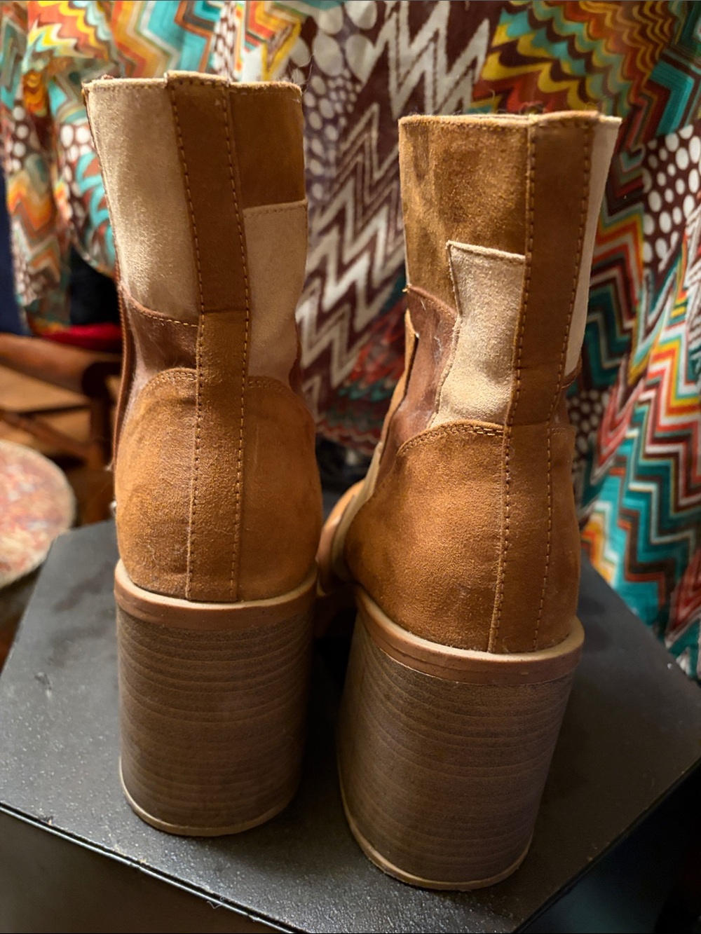Womens Patchwork SuedeLike Block Heel Ankle Boots - Brown/Tan - Picture 3 of 6